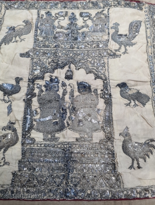 Very Rare Temple Hanging Illustrates the Jain Concepts of a Heavenly Mansion where eternal rejoicing awaits the Devotee.
Real Zari Silver Gilt Threads Embroidery on the Silk. From the Gujarat, India. India.

 C.1850-1875  ...