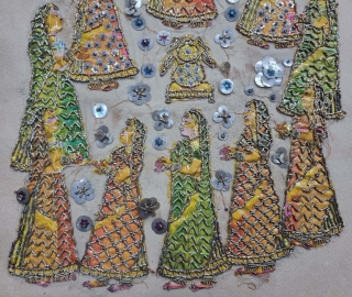 Ceremonial Ladies Figures Fragment of Hariyali Teej pooja. From Rajasthan India. Hand Painted with mica and Natural Colours with Silver and Gold Zari Embroidery on cloth but later they added on the  ...