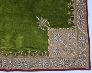 Zardozi Kalabattu Embroidery (Real Zari) Work on Cotton Velvet .
Known As  bichona or Zaminposh, With Plain Backing, 
From the Royal Nawab Family of Uttar Pradesh India.

C.1875-1900.

Its size is  133cmX177cm (20230108_153406). 