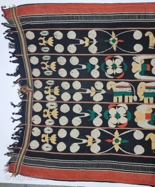 Rare Naga Shawl Of Angami Tribe for the Man’s Use from Manipur region India. Manipur for use by Eastern Angami Nagas, Cotton Embroidery on the Cotton Base cloth.
C.1885-1915..
Its size is 117cmX185cm (20240103_141615). 