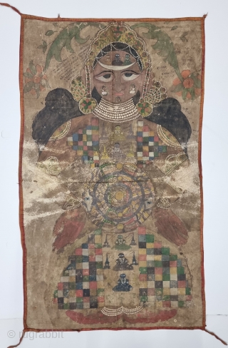 Jain Cosmology Painting of Lok Purush From Gujarat India.Hand Painted on the Cotton.The drawing is not just a painting for the sake of art. It contains deep explanations of Jain cosmology using  ...