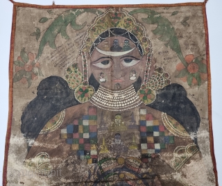 Jain Cosmology Painting of Lok Purush From Gujarat India.Hand Painted on the Cotton.The drawing is not just a painting for the sake of art. It contains deep explanations of Jain cosmology using  ...