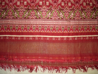 Patola Sari Silk Double ikat.Probably Patan Gujarat.India.this Patola sari has the type of geometric,non figurative pattern particularly favoured by the ismaili Muslim merchant community of the Vohras and its called Vohra-Gaji-Bhat.(Vohra Type  ...