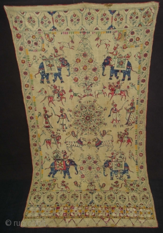 Dharaniya Pichwai Wall Hanging From Saurashtra Gujarat. India.This were Traditionally used mainly by Kathi Darbar family of Saurashtra Gujarat India.C.1900.Its size is 120cm x235cm(DSC03828 New)        