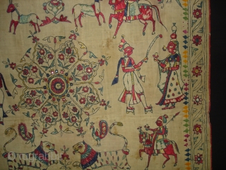 Dharaniya Pichwai Wall Hanging From Saurashtra Gujarat. India.This were Traditionally used mainly by Kathi Darbar family of Saurashtra Gujarat India.C.1900.Its size is 120cm x235cm(DSC03828 New)        