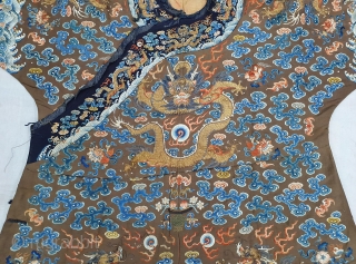 A very large and Beautiful Imperial Chinese dragon robe. Kesi woven with 9 dragons in pursuit of pearls among multicolour silk clouds, bats, and daoist symbols above wave and rock band. 19th  ...