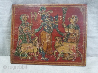 Rare Krishna Lila Book Cover For Manuscript, Hand-Painted On the Wood Board From Gujarat India. India. Early 19th Century. Its size is 16cmX20cm(DSC08859).          