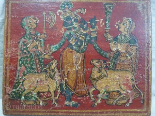 Rare Krishna Lila Book Cover For Manuscript, Hand-Painted On the Wood Board From Gujarat India. India. Early 19th Century. Its size is 16cmX20cm(DSC08859).          