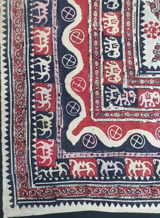 Kalamkari Block Print Canopy, Probably from Kutch Gujarat, India. India,C.1875.Mordant-And Resist-Dyed, Hand Spun Thick Khadi-Cotton, Its size is 150cmX163cm(20210113_145409).              