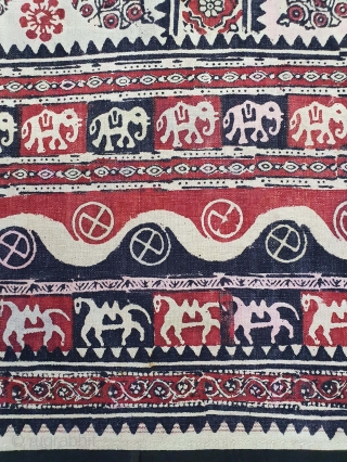 Kalamkari Block Print Canopy, Probably from Kutch Gujarat, India. India,C.1875.Mordant-And Resist-Dyed, Hand Spun Thick Khadi-Cotton, Its size is 150cmX163cm(20210113_145409).              