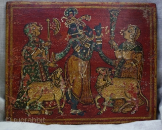 Rare Krishna Lila Book Cover For Manuscript, Hand-Painted On the Wood Board From Gujarat India. India. Early 19th Century. Its size is 16cmX20cm(DSC08859).          