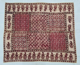 Ceremonial Jajam Block Print, Hand-Drawn Mordant- And Resist-Dyed Cotton, From Rajasthan  India.  

This is for a Dowry , 
Its an Indian tradition of the bridal family gifting the bride-groom. 
C.1875-1900.  ...