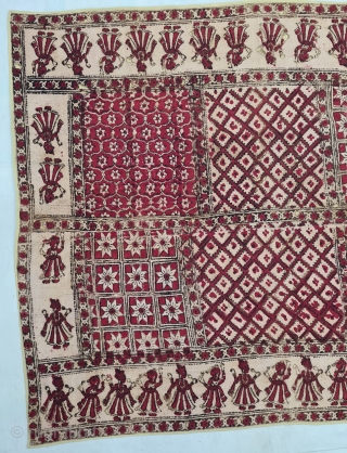 Ceremonial Jajam Block Print, Hand-Drawn Mordant- And Resist-Dyed Cotton, From Rajasthan  India.  

This is for a Dowry , 
Its an Indian tradition of the bridal family gifting the bride-groom. 
C.1875-1900.  ...