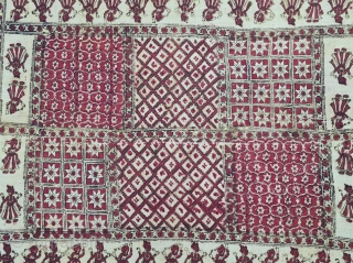 Ceremonial Jajam Block Print, Hand-Drawn Mordant- And Resist-Dyed Cotton, From Rajasthan  India.  

This is for a Dowry , 
Its an Indian tradition of the bridal family gifting the bride-groom. 
C.1875-1900.  ...