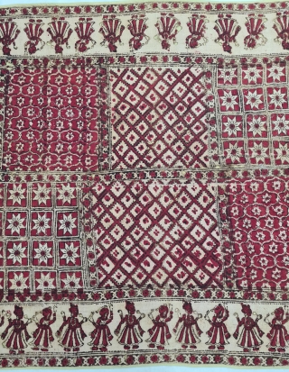 Ceremonial Jajam Block Print, Hand-Drawn Mordant- And Resist-Dyed Cotton, From Rajasthan  India.  

This is for a Dowry , 
Its an Indian tradition of the bridal family gifting the bride-groom. 
C.1875-1900.  ...