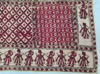 Ceremonial Jajam Block Print, Hand-Drawn Mordant- And Resist-Dyed Cotton, From Rajasthan  India.  

This is for a Dowry , 
Its an Indian tradition of the bridal family gifting the bride-groom. 
C.1875-1900.  ...