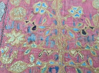 Indian Floral Embroidery Tree of life Design Wall Hanging. Cotton And Real Zari Embroidery Work on the Cotton Ground.
From  the Deccan Region of South india.
19th century.
Its size is 67cmX87cm (20220113_154840).  