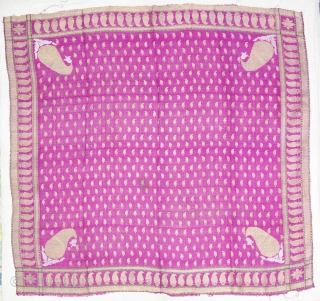 Zari (Real) Brocade Woman’s Rumal Silk weave with discontinuous supplementary weft of silver and gold thread. A field of small Paisley botehs  framed by a border of diagonal stripes with four large Paisley  ...