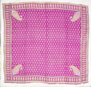 Zari (Real) Brocade Woman’s Rumal Silk weave with discontinuous supplementary weft of silver and gold thread. A field of small Paisley botehs  framed by a border of diagonal stripes with four large Paisley  ...