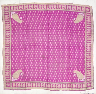 Zari (Real) Brocade Woman’s Rumal Silk weave with discontinuous supplementary weft of silver and gold thread. A field of small Paisley botehs  framed by a border of diagonal stripes with four large Paisley  ...