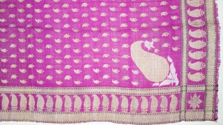 Zari (Real) Brocade Woman’s Rumal Silk weave with discontinuous supplementary weft of silver and gold thread. A field of small Paisley botehs  framed by a border of diagonal stripes with four large Paisley  ...