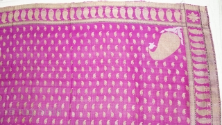 Zari (Real) Brocade Woman’s Rumal Silk weave with discontinuous supplementary weft of silver and gold thread. A field of small Paisley botehs  framed by a border of diagonal stripes with four large Paisley  ...