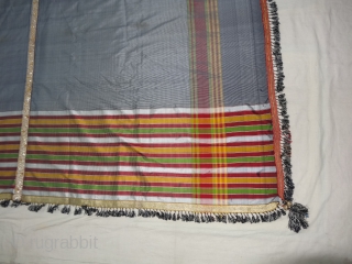 Malaya Shawl from Sindh,Pakistan, India.It has been used by man in Hajj time.Its size is 190cmX196.Its fabric is silk and Banana mix.Very early and rare Piece(DSC04326).       