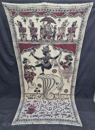 Kalamkari Of Krishna Lila, Showing the Epic Story of Kaliya Mardan.
Hand-Drawn, Mordant- And Resist-Dyed Cotton, From Masulipatnam or Madurai South India. India. c.1850-1870. Its size is 112cmX216cm.
Once a huge black serpent called  ...