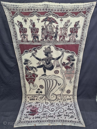 Kalamkari Of Krishna Lila, Showing the Epic Story of Kaliya Mardan.
Hand-Drawn, Mordant- And Resist-Dyed Cotton, From Masulipatnam or Madurai South India. India. c.1850-1870. Its size is 112cmX216cm.
Once a huge black serpent called  ...