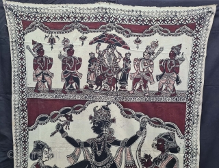 Kalamkari Of Krishna Lila, Showing the Epic Story of Kaliya Mardan.
Hand-Drawn, Mordant- And Resist-Dyed Cotton, From Masulipatnam or Madurai South India. India. c.1850-1870. Its size is 112cmX216cm.
Once a huge black serpent called  ...