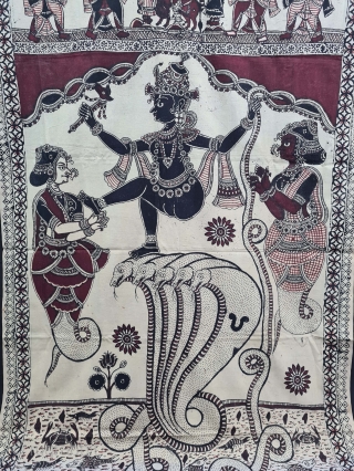 Kalamkari Of Krishna Lila, Showing the Epic Story of Kaliya Mardan.
Hand-Drawn, Mordant- And Resist-Dyed Cotton, From Masulipatnam or Madurai South India. India. c.1850-1870. Its size is 112cmX216cm.
Once a huge black serpent called  ...