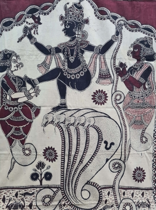 Kalamkari Of Krishna Lila, Showing the Epic Story of Kaliya Mardan.
Hand-Drawn, Mordant- And Resist-Dyed Cotton, From Masulipatnam or Madurai South India. India. c.1850-1870. Its size is 112cmX216cm.
Once a huge black serpent called  ...