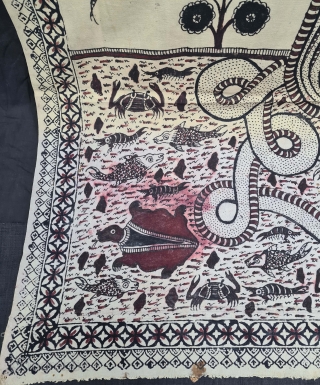 Kalamkari Of Krishna Lila, Showing the Epic Story of Kaliya Mardan.
Hand-Drawn, Mordant- And Resist-Dyed Cotton, From Masulipatnam or Madurai South India. India. c.1850-1870. Its size is 112cmX216cm.
Once a huge black serpent called  ...