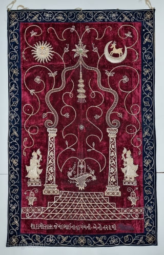 A Rare Jain Temple Hanging, From Gujarat in Northwest India. India.
Its size is 102cmX162cm.
Weight is 1 Kgs 410 Gm
C.1900.- 1945.
This form of embroidery is called zardosi work. A Maroon  velvet cloth has been densely  ...