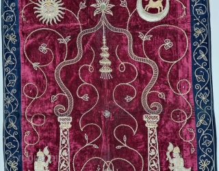 A Rare Jain Temple Hanging, From Gujarat in Northwest India. India.
Its size is 102cmX162cm.
Weight is 1 Kgs 410 Gm
C.1900.- 1945.
This form of embroidery is called zardosi work. A Maroon  velvet cloth has been densely  ...