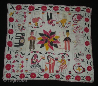 Kalighat Kantha ,cotton Plain weave with cotton embroidered Kantha Probably From North Parganas  District,West Bengal(India)region.India.Showing the Famous drawings of Kalighat Paintings.C.1900.Its size is 73cmX82cm(DSC00331 New).       