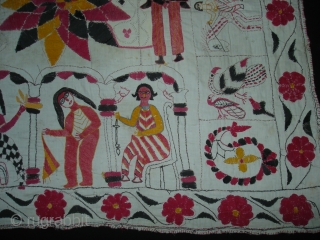 Kalighat Kantha ,cotton Plain weave with cotton embroidered Kantha Probably From North Parganas  District,West Bengal(India)region.India.Showing the Famous drawings of Kalighat Paintings.C.1900.Its size is 73cmX82cm(DSC00331 New).       