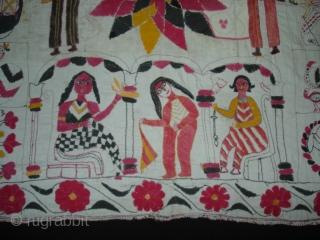 Kalighat Kantha ,cotton Plain weave with cotton embroidered Kantha Probably From North Parganas  District,West Bengal(India)region.India.Showing the Famous drawings of Kalighat Paintings.C.1900.Its size is 73cmX82cm(DSC00331 New).       