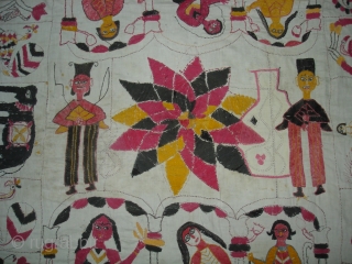 Kalighat Kantha ,cotton Plain weave with cotton embroidered Kantha Probably From North Parganas  District,West Bengal(India)region.India.Showing the Famous drawings of Kalighat Paintings.C.1900.Its size is 73cmX82cm(DSC00331 New).       