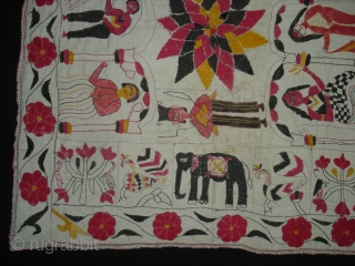 Kalighat Kantha ,cotton Plain weave with cotton embroidered Kantha Probably From North Parganas  District,West Bengal(India)region.India.Showing the Famous drawings of Kalighat Paintings.C.1900.Its size is 73cmX82cm(DSC00331 New).       