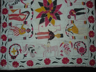 Kalighat Kantha ,cotton Plain weave with cotton embroidered Kantha Probably From North Parganas  District,West Bengal(India)region.India.Showing the Famous drawings of Kalighat Paintings.C.1900.Its size is 73cmX82cm(DSC00331 New).       