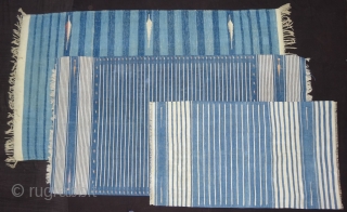 Three Different Style and Size Indigo Blue,Jail Dhurries(Cotton)Blue-White striped with mahi motif. Bikaner, Rajasthan. India.C.1900.Good Condition(DSC04436 New).                