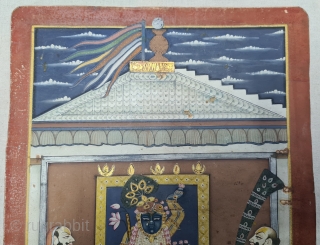 Miniature Painting of  Mangla Darshan of Shrinathji, From The Nathdwara of Rajasthan. India.

Mangala Darshan  First darshan of the day. Lord, having woken up, has just had His breakfast and greets  ...