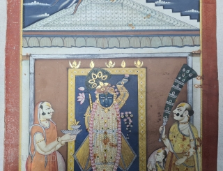 Miniature Painting of  Mangla Darshan of Shrinathji, From The Nathdwara of Rajasthan. India.

Mangala Darshan  First darshan of the day. Lord, having woken up, has just had His breakfast and greets  ...