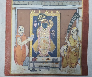 Miniature Painting of  Mangla Darshan of Shrinathji, From The Nathdwara of Rajasthan. India.

Mangala Darshan  First darshan of the day. Lord, having woken up, has just had His breakfast and greets  ...