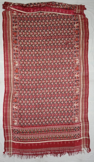 Patola Dupatta,Silk Double Ikat. Probably Patan Gujarat.India.This Patola Uses one of the most Rarely found designs.That of the Pipal leaf,known as Pan Bhat. This Rarely repeating pattern is combined with borders of  ...