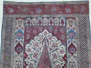 Kalamkari Palampore from South India. India. Made for Export Market, Printed cotton with exotic birds, peacocks, tigers, stylized mountain and cypress trees all within mihrab. Surrounded by lozenge border Cotton backing. Late  ...