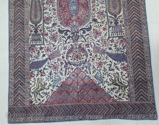 Kalamkari Palampore from South India. India. Made for Export Market, Printed cotton with exotic birds, peacocks, tigers, stylized mountain and cypress trees all within mihrab. Surrounded by lozenge border Cotton backing. Late  ...