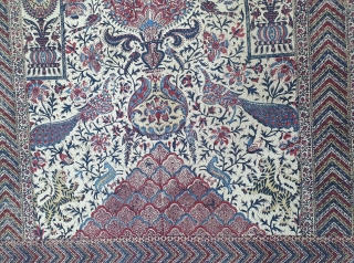 Kalamkari Palampore from South India. India. Made for Export Market, Printed cotton with exotic birds, peacocks, tigers, stylized mountain and cypress trees all within mihrab. Surrounded by lozenge border Cotton backing. Late  ...