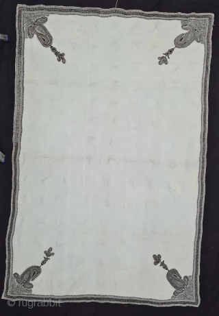 Very Fine Kantha Quilted and embroidered White on White, With Paisley Bute Design in four Corners, cotton Kantha Probably From East Bengal(Bangladesh) region, India. c.1850-1875. Its size is 136cmX200cm (20210208_171122).   